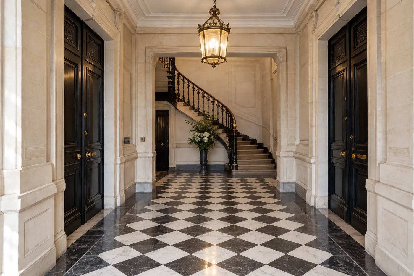Hall d'immeuble ancien du centre de Paris, sol en damier, escalier en fer forgé et portes palières en bois verni