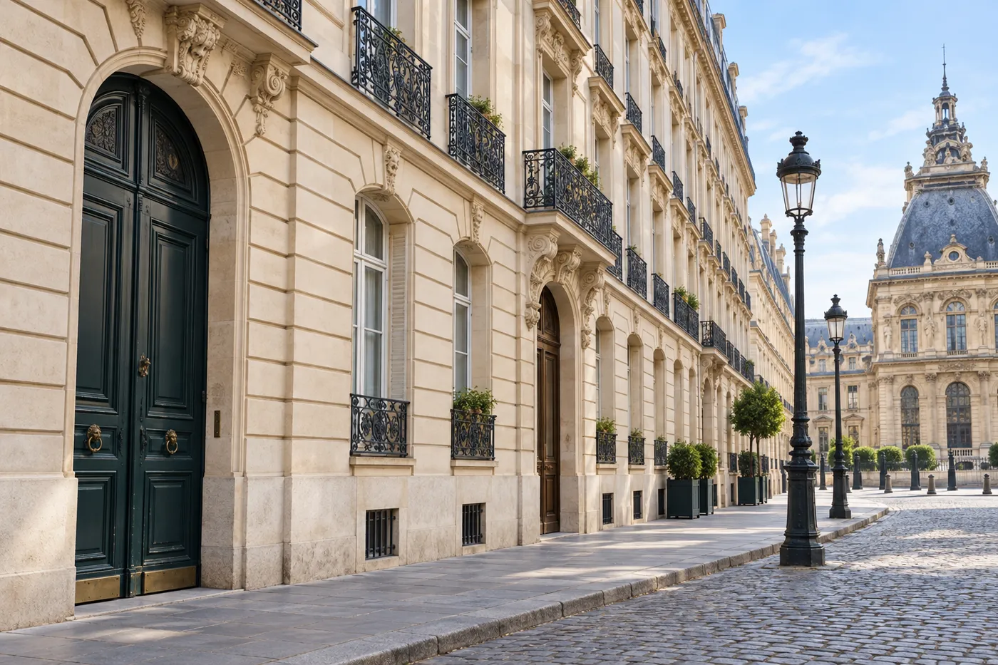 Porte cochère en bois vert d'un immeuble haussmannien dans une rue pavée du 1er arrondissement de Paris