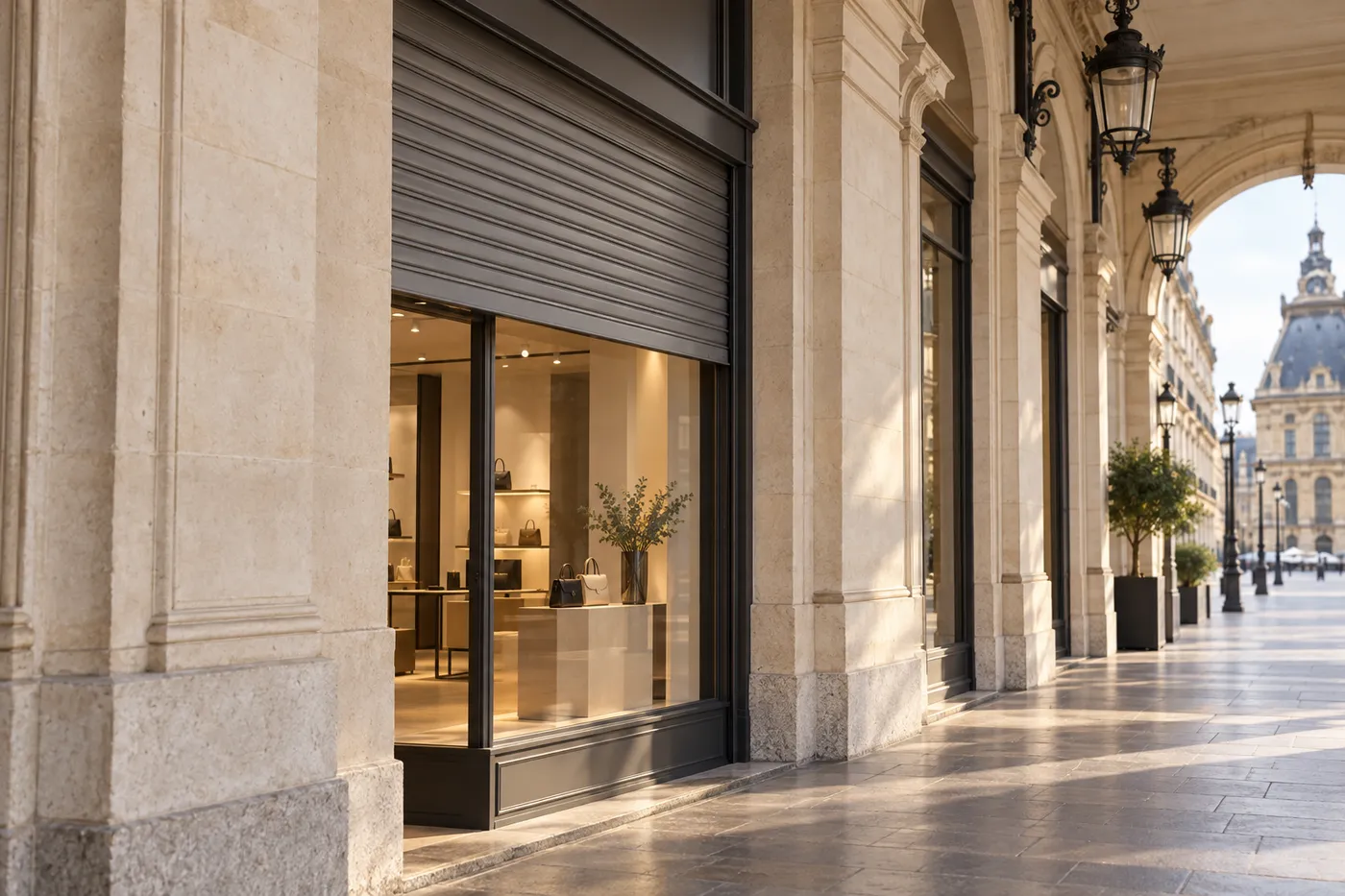 Rideau métallique à demi relevé au-dessus de la vitrine d'une boutique sous les arcades, dans le centre de Paris